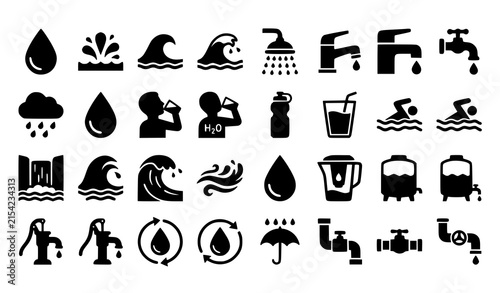 Water Splash Shower Rain and Drinking Water Solid Vector Icon Set