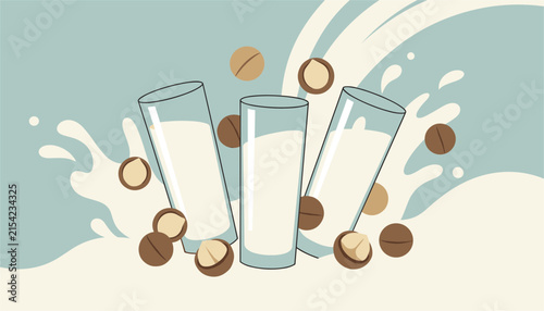 Three tall glasses of fresh macadamia milk with nut pieces floating amidst white milk splashes on a blue background.