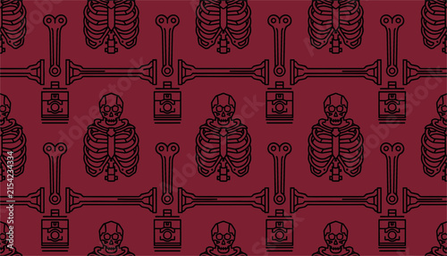 Seamless repeating pattern of industrial style human skeletons, bones, and mechanical pistons on a dark red background.