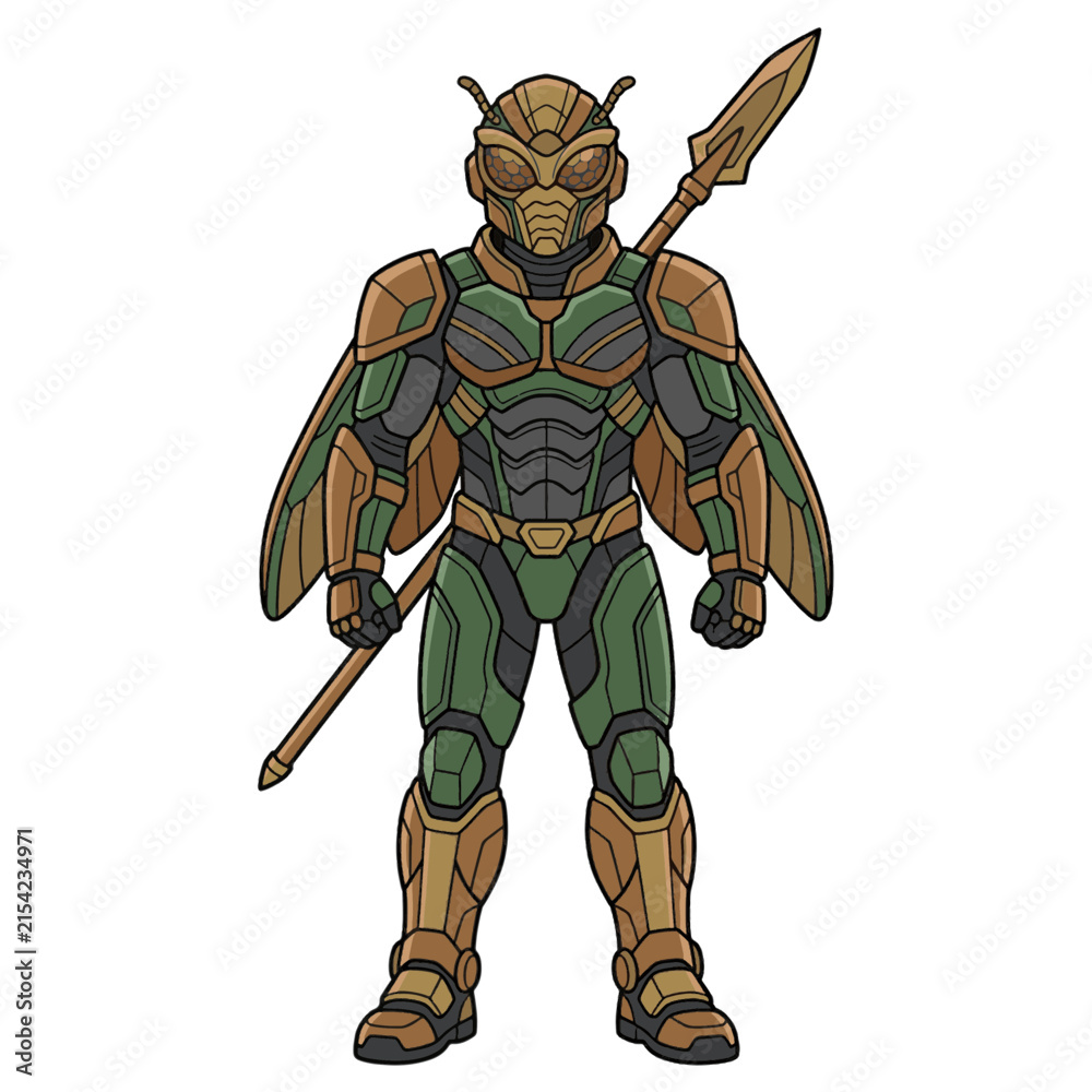 Obraz premium Full-body vector illustration of an armored green and bronze insect superhero character holding a spear in a powerful standing pose