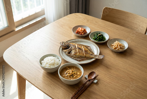 Korean Grilled Flounder Meal with Side Dishes