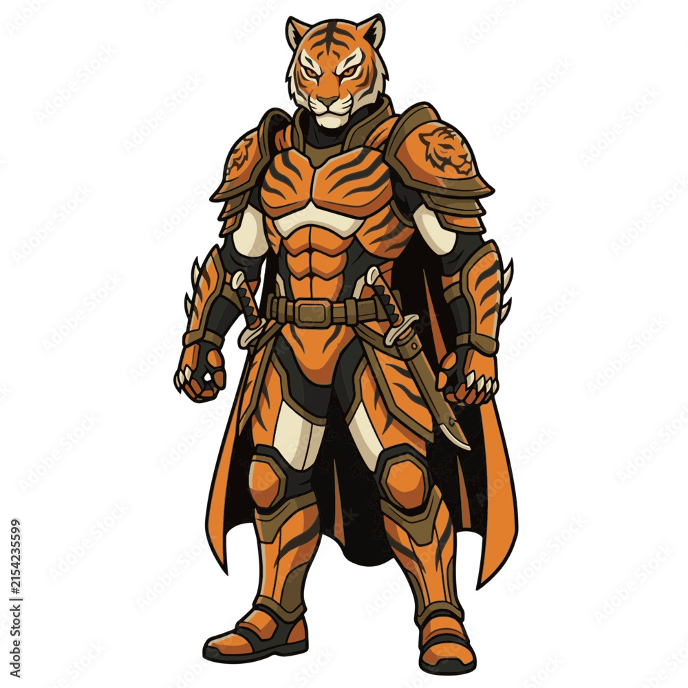 Obraz premium A powerful armored tiger warrior in striking orange and black armor, standing ready for battle with a determined expression