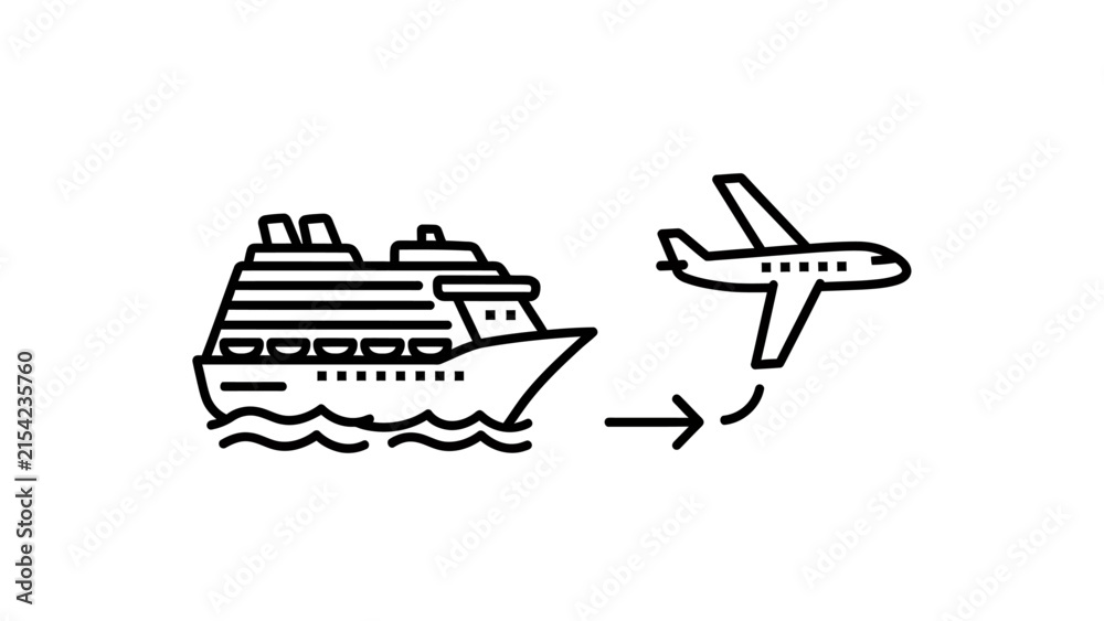 Obraz premium Travel and transport line icon set featuring cruise ship and airplane, transport