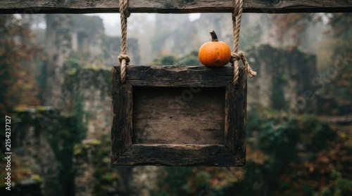 Hanging wooden sign frame in haunted forest landscape