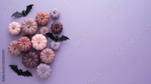 Miniature decorative pumpkins in various shades of purple layout