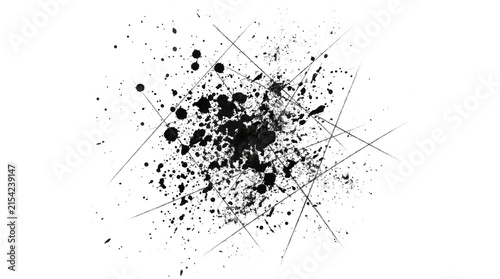 Black ink splatter with scratch lines isolated on transparent background