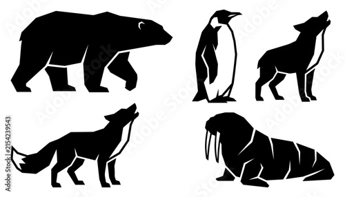 Arctic Wildlife Silhouettes: A stylized collection of black silhouettes depicts iconic arctic animals, including a polar bear, penguin, arctic fox, wolf, and walrus, set against a plain background.