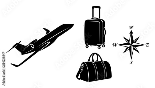 Travel Icons: A sleek private jet, a rolling suitcase, a duffel bag, and a compass rose symbolize the excitement and adventure of embarking on a journey.