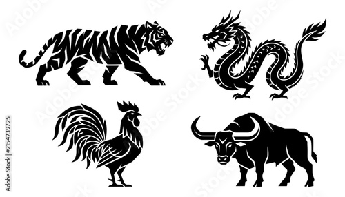 Chinese Zodiac Icons: A collection of four iconic animals from the Chinese zodiac: a roaring tiger, a mythical dragon, a proud rooster, and a powerful bull, presented in bold, graphic silhouettes.