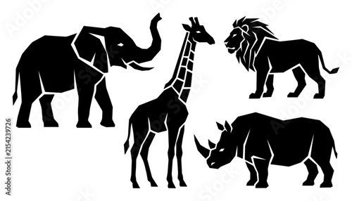 African Safari Silhouette: A stylized collection of iconic African wildlife – elephant, giraffe, lion, and rhinoceros – depicted in bold black silhouette.