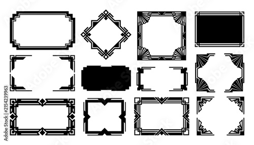Vintage Art Deco black silhouette vector frame collection featuring geometric linear borders, ornamental corner accents, decorative labels, and classic roaring twenties style invitation frames isolate