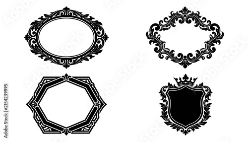 Vintage black silhouette vector border collection featuring ornate baroque oval frame, decorative filigree scroll border, geometric octagonal plate, and royal crown shield escutcheon isolated on whit