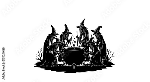 Obraz na płótnie Vintage witch coven silhouette, mystical witches brewing potion in cauldron