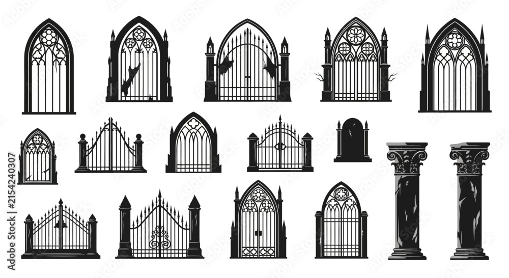 Naklejka premium Gothic architecture vector set, black silhouette cathedral windows and gates, medieval iron fences and stone columns for dark fantasy design