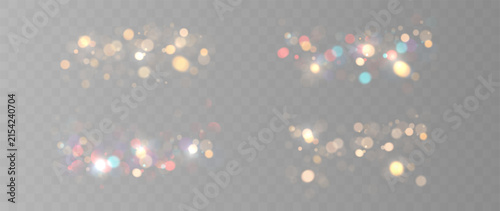Set of Colorful Glowing Bokeh Lights and Sparkling Particles Isolated on Transparent Background