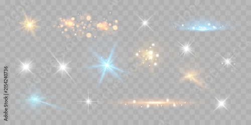 Set of Colorful Lens Flares, Glowing Stars and Light Effects Isolated on Transparent Background