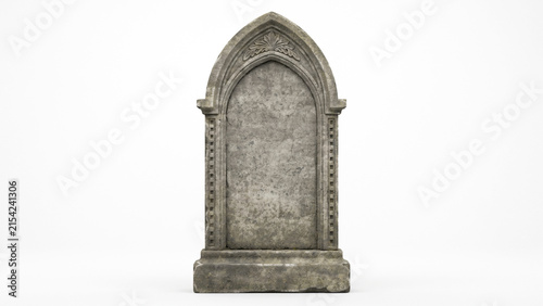 Gothic Style Grave Marker with Pointed Arch Design and Ornate Carvings on Plain Background