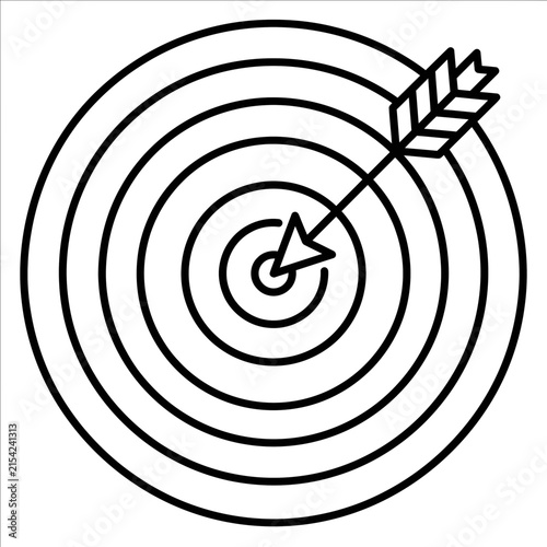 Target with arrow hitting the bullseye, symbolizing goal achievement, success, accuracy, and strategic business objectives. Line art icon.
