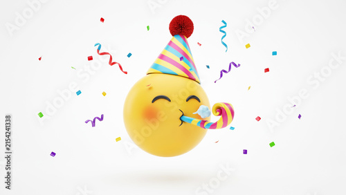 Happy cartoon emoji character blowing party horn with colorful confetti and celebratory party hat
