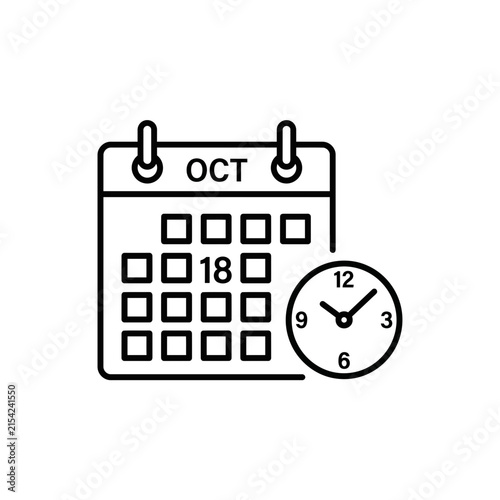 Calendar and Clock Outline Icon Representing Schedule, Appointment, and Time Management
