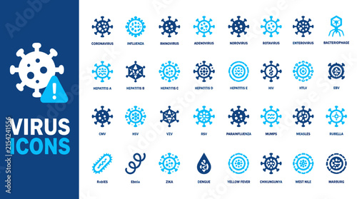Virus Icon Set Featuring Circular Blue Virus Symbols.