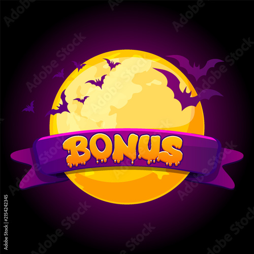 Halloween bonus badge with full moon, bats and purple ribbon vector illustration