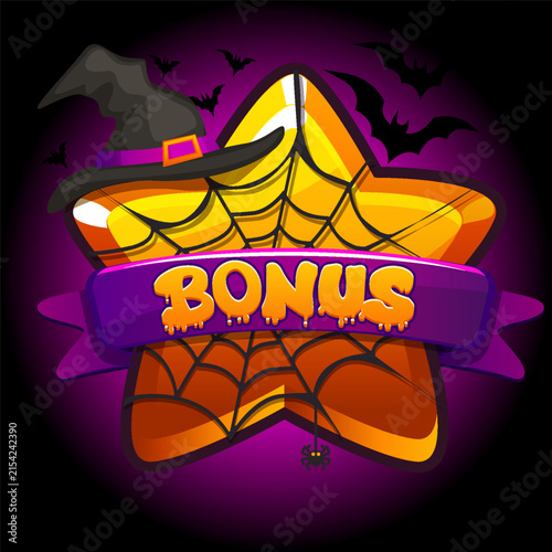 Halloween bonus star badge with spider web, witch hat and bats vector illustration