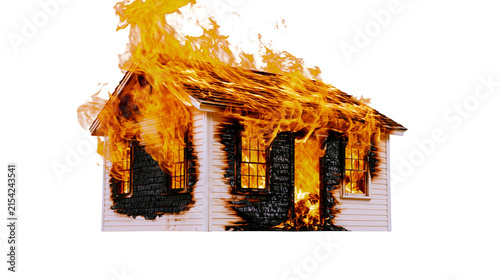 фотографія White wooden house engulfed in intense orange flames, isolated on transparent ba