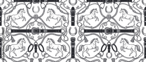 Vintage Equestrian Horse and Tack Seamless Pattern