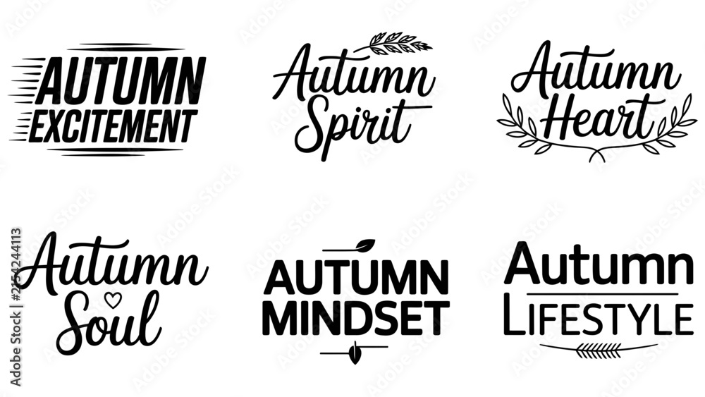 Obraz premium Autumn lettering set, fall typography bundle, 6 seasonal vector quotes, black Editable Vector