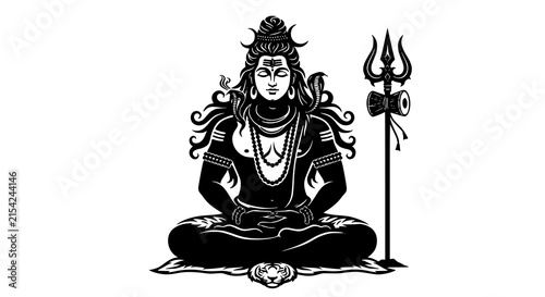 Mahakaal Shiva meditating black and white silhouette vector with trishul damaru crescent moon and devotional Hindu elements