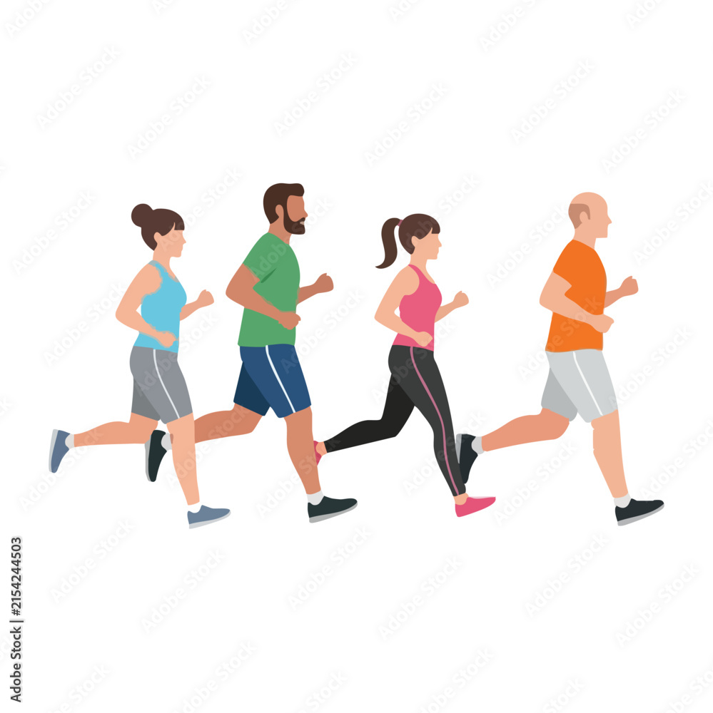 Obraz premium Group of diverse people running and jogging together for health and fitness activity.