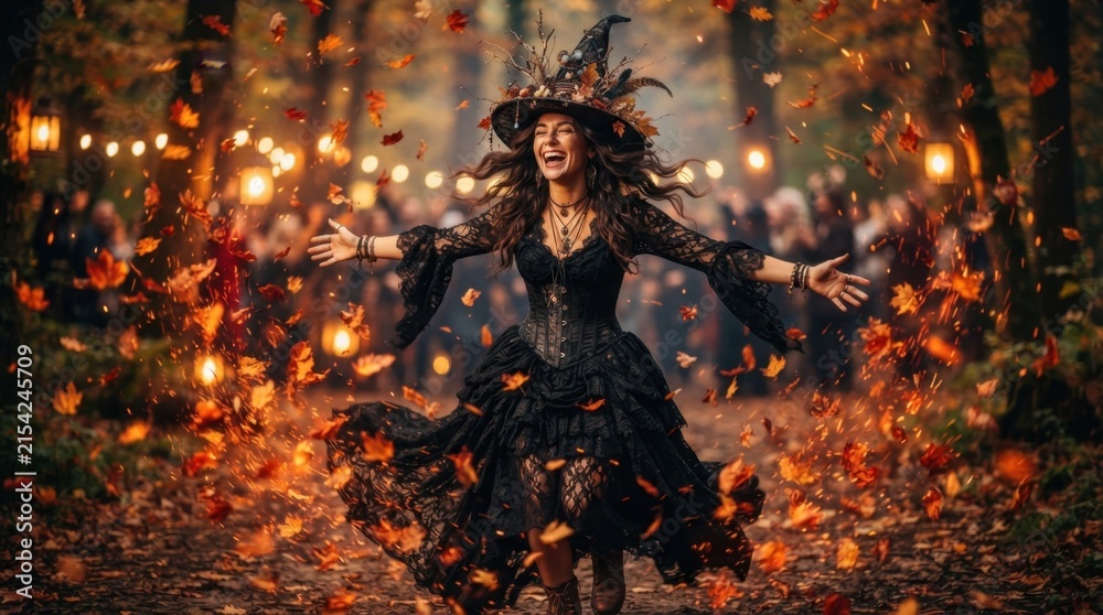 Obraz premium Excited witch dancing with flying autumn leaves outdoors