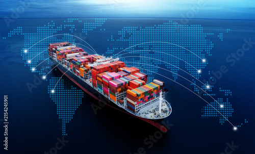 Aerial top view containers ship cargo business commercial logistic and transportation international import export by container freight cargo ship in the open seaport show ocean network on map	
