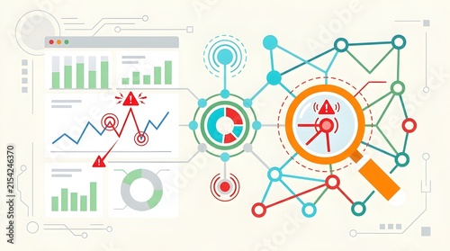 Conceptual illustration of artificial intelligence and predictive analytics for risk management, data monitoring, anomaly detection, performance analysis, and decision making.