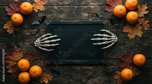 Halloween flat lay with skeleton hands and autumn leaves