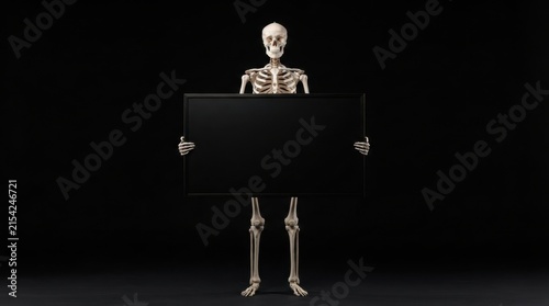 Skeleton holding blank black sign on dark background