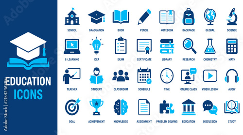 Education Icons Set Featuring Learning Tools And Materials.