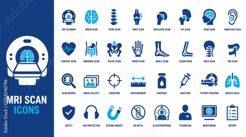 MRI scan icon set featuring brain machine and coils.