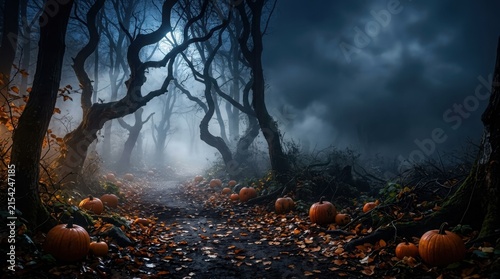 Halloween foggy forest scene with eerie mist and scattered