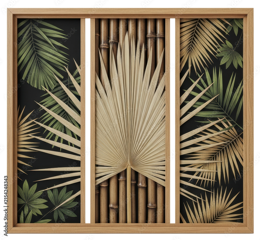 Fototapeta premium Bamboo and dried palm leaf wall decor frame isolated on a transparent background