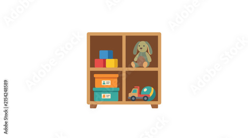 Children's toy shelf with stuffed bunny and blocks