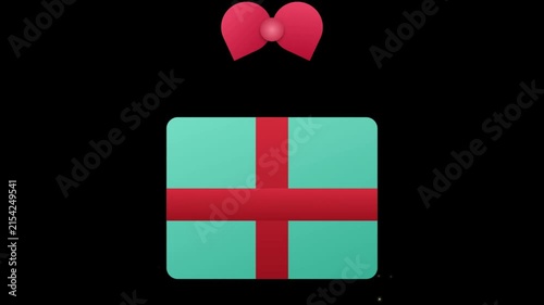A simple flat icon of a turquoise gift box with a red ribbon and bow isolated on black background.