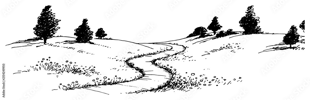 Fototapeta premium Winding path through rolling hills and sparse trees in minimalist hand drawn sketch style