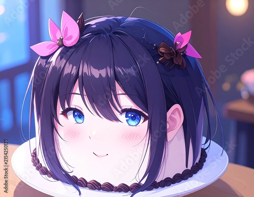 Cute Anime Girl Behind a Chocolate Cake with Blue Eyes and Purple Bow