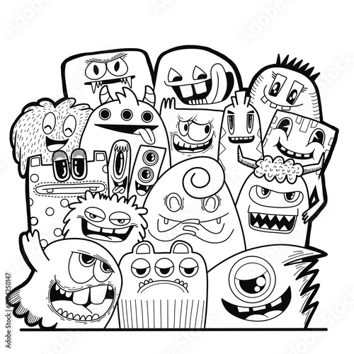Cute and Crazy Monster Doodle Crowd Line Art