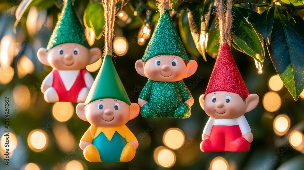 Fototapeta premium Festive elf ornaments hanging from a Christmas tree, featuring whimsical woodland characters, warm fairy lights, golden bokeh, and cozy holiday atmosphere.