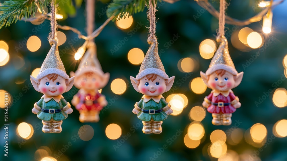 Fototapeta premium Festive elf ornaments hanging from a Christmas tree, featuring whimsical woodland characters, warm fairy lights, golden bokeh, and cozy holiday atmosphere.