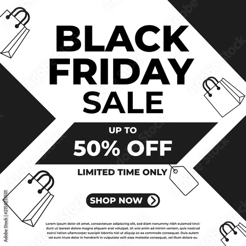 Black friday sale event. Up to 50 percent off, limited time only. Shop now with discount tags and shopping bags. Storewide promotion for customers discount promotion, shopping commerce seasonal