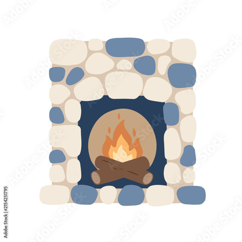 Cozy Stone Fireplace with Burning Fire Vector Illustration